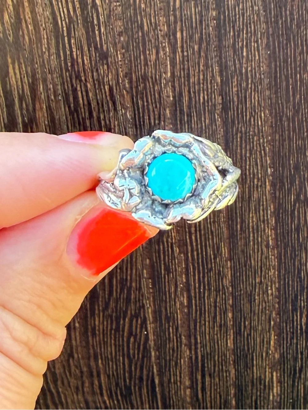 Vintage Gorgeous Turquoise Rose Sterling Silver Ring - Women Jewelry - Size 5